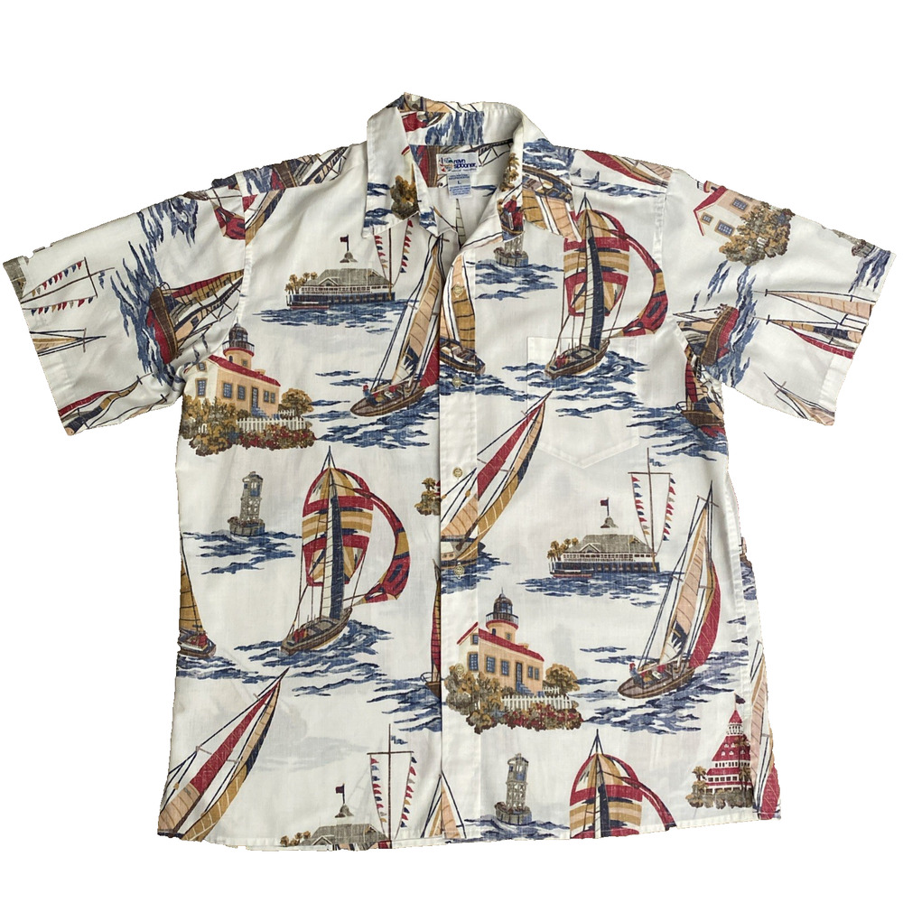 Reyn Spooner Shirt Short Sleeve Hawaiian Sail Boat White Blue Button Down L